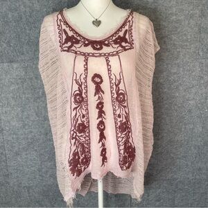 Free People Pink Tunic with Burgundy Embroidered Panel